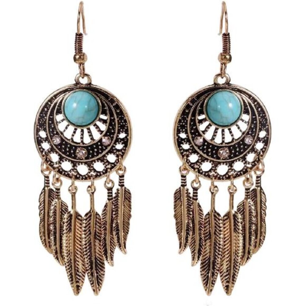 Boho Turquoise Feather Tassel Crescent Moon Dangle Earrings - Hypoallergenic